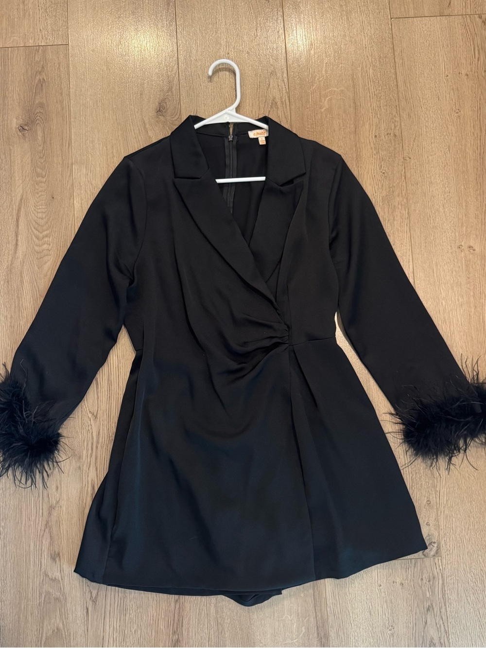 Black Feather-Cuff Wrap Dress